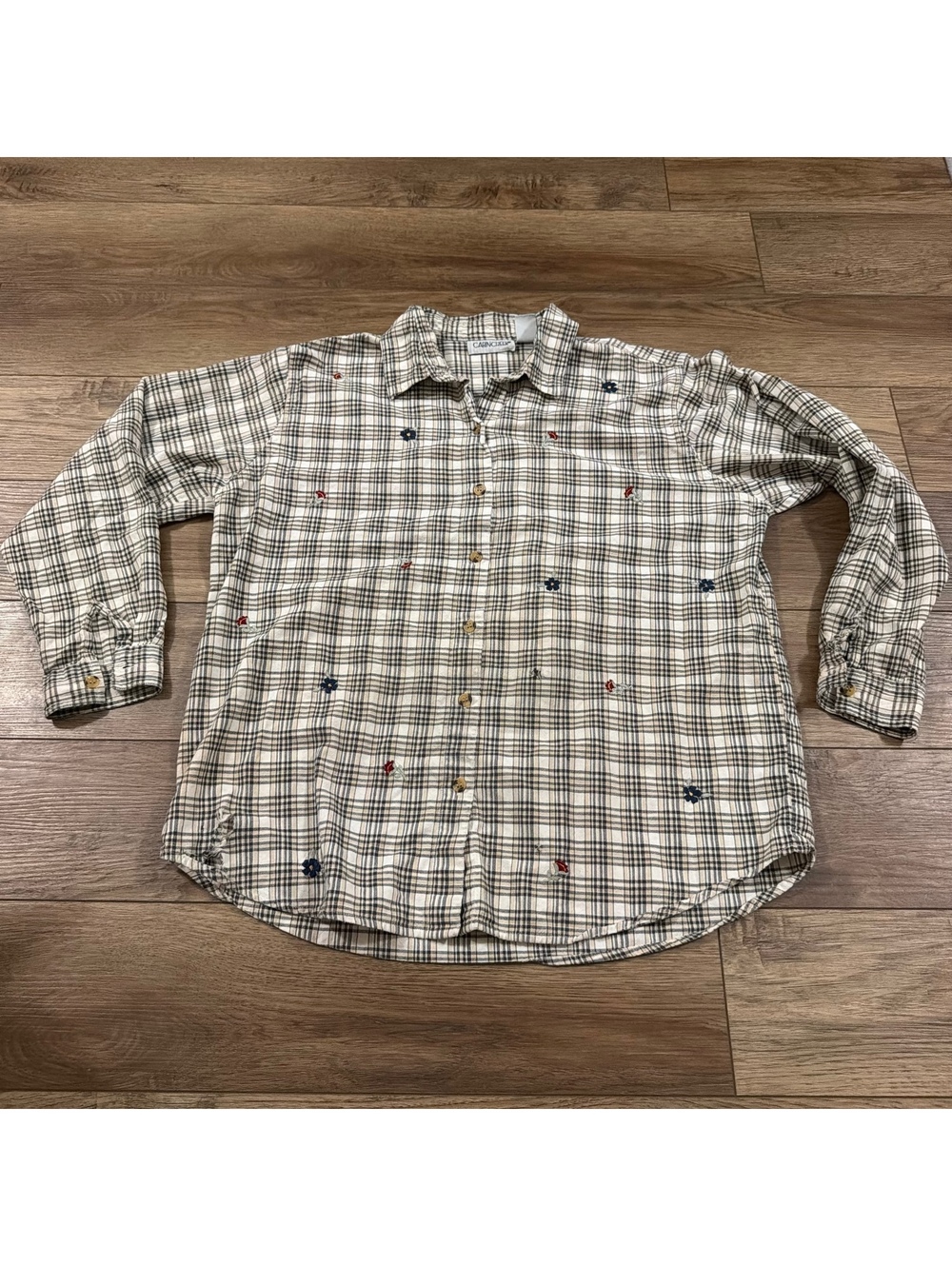 Vtg Cabin Creek Plaid Floral Embroidered Shirt 18W Flaw